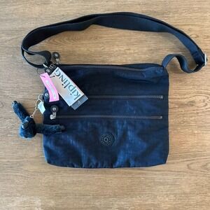 NEW Kipling Alvar Crossbody Live Light Bag-Blue-Furry Kipling Monkey Key Fob-NWT